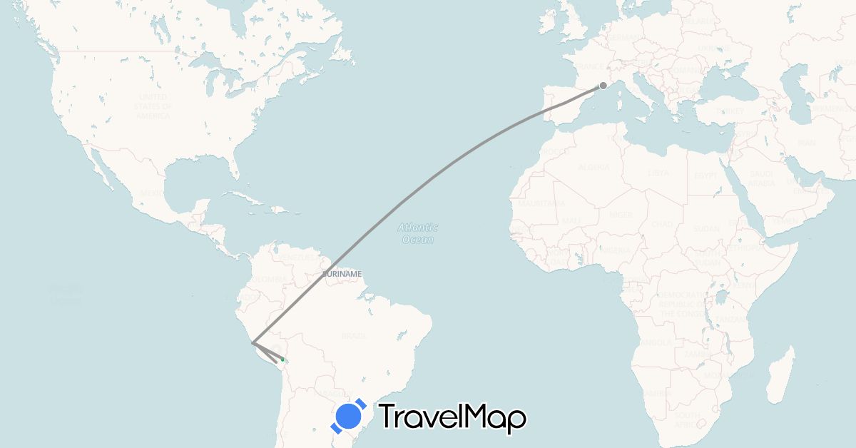 TravelMap itinerary: bus, plane in Spain, France, Peru (Europe, South America)
